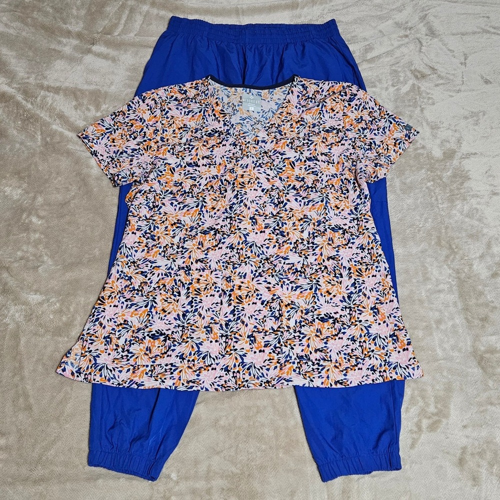 Womens Floral Scrub Set Top Large & 4-Flex Jogger Pants Set Blue XL